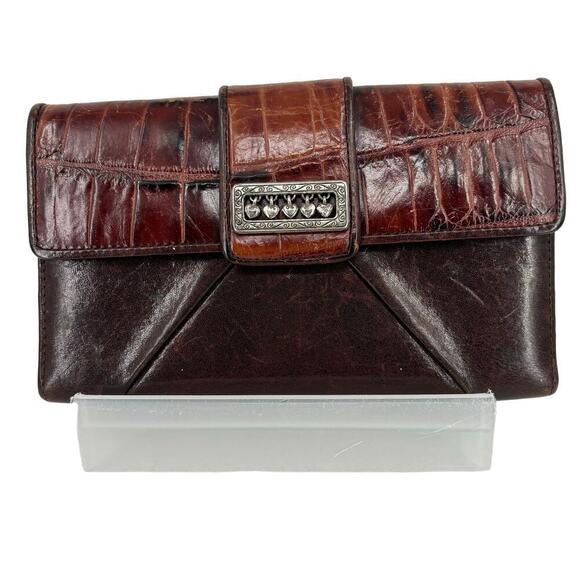Brighton Wallet Brown Reptile Embossed Leather Floating Heart Folding Checkbook - Picture 1 of 9